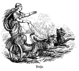 Freya Frigg, goddess of love in Scandinavian mythology, driving her chariot pulled by cats