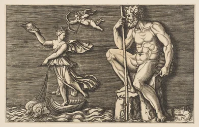 Galatea escaping Polyphemus, he is seated on a rock holding a staff and pipes