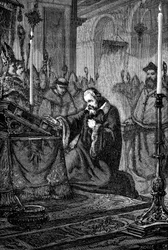 Galileo Galilei, Italian astronomer and mathematician recanting, 1633
