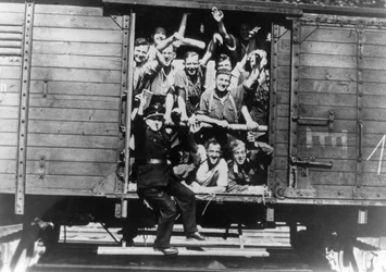 German Soldiers in a Railway Wagon, France, August 1940