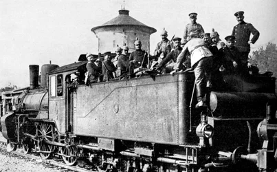 German troops travelling by train to the eastern front, First World War