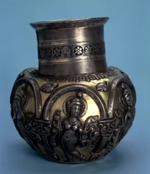 Gilded silver jug with dancing girls, Sasanian