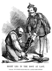 Giuseppe Garibaldi helping Victor Emmanuel II put on the boot of Italy