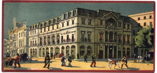 Grand hotels: exterior view of the Avenida Palace in Lisbon, Portugal - Map of a series presenting the hotels of the Compagnie Internationale des Grands Hotels, late 19th-beginning 20th century