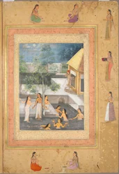 Harem Night-Bathing Scene (recto: Calligraphy Framed by an Ornamental Border), c. 1650