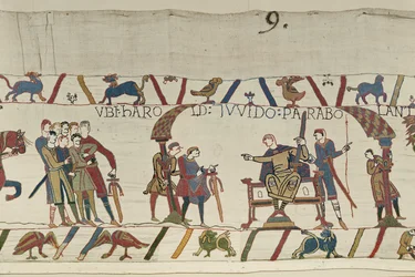 Harold and Count Guy of Ponthieu talking together at Beaurain, Bayeux Tapestry