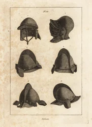 Helmet with Down-opening Bever in the Tower of London, Double-barred Helmet, and Salet with Oreillets or Earpieces