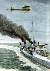 Hubert Latham attempting to fly his Antoinette monoplane across the English Channel, 1909