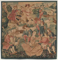 Hunting and Pastoral Scenes, with a wreathed hero between ladies, c. 1510