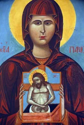 Icon in Pedoulas Byzantine Museum: Saint Paraskevi holding a crucifixion icon (1789), Pedoulas, Cyprus