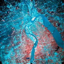 Infrared Photograph of the Confluence of the Missouri and Kansas Rivers, USA, 19 July 1993