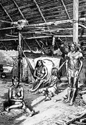 Inside a Ticuna hut, South America, 1895