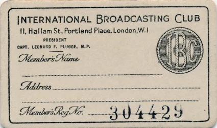 International Broadcasting Club: Membership card, c1930s