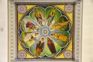 Jalaram Prathna Hindu temple, Leicester. Ceiling artwork. Gods (including Jesus Christ), United Kingdom