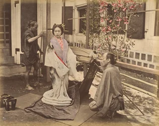 Japanese Woman in Traditional Dress Posing with Two Men, 1870s
