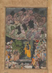 Krishna Holds Up Mount Govardhan to Shelter the Villagers of Braj
