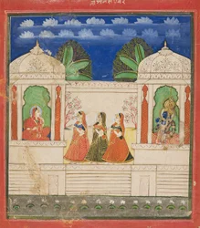Krishna and Radha in two pavilions