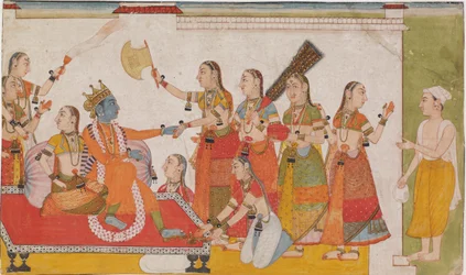 Krishna welcoming Sudama, from a Bhagavata Purana