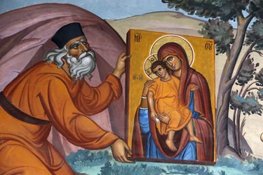 Kykkos monastery, Cyprus. Fresco. Monk carrying a sacred icon