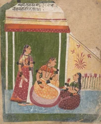 Ladies in a Pavilion from a Dispersed Ragamala Series Garland of Musical Modes