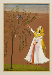 Lady feeding a bird in a tree, 19th century