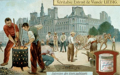Laying an asphalt-based surface in a Paris street, c1900