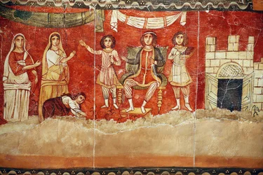 The Pharaoh and the Childhood of Moses, fresco from the synagogue of Dura Europos, 244-245, held at the National Museum of Damascus. Photo taken at the Jewish Museum in New York during an exhibition.