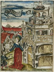 The Liberal Arts, Grammar: Nicostrata (also called Carmenta), Holding a Hornbook, Manual for Teaching (here, an Alphabet Book) and a Key, Opening the Door of the Tower of Learning to a Child