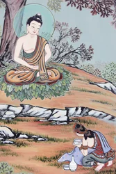 Life of Buddha: A Young Woman Offered the Future Buddha a Bowl of Rice and Milk