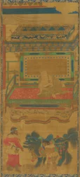 Lohan under a canopy, a lion, and two attendants