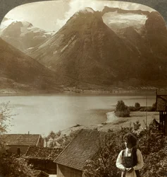Looking from Hjelle across quiet Strynns Lake to steep glaciers of Mt. Skaala, Norway, c1905