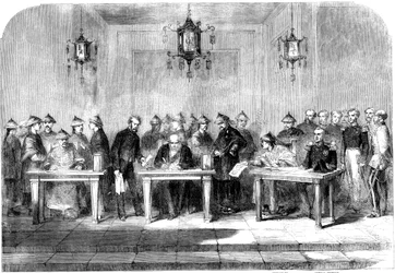 Lord Elgin signing the Treaty of Tianjin to end the Second Opium War, 1858