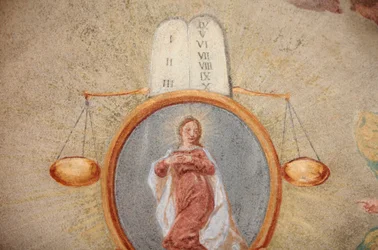 Loreto church fresco: Tables of the law, scales and Virgin Mary, Prague, Czech Republic