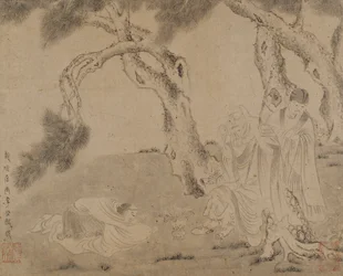Luohan, Attendant, and Worshipper Under Pines