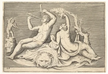 Man Playing Two Flutes and Woman on Lionskin, published ca. 1599-1622