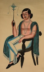 Man Seated in a European Chair Smoking a Margila Pipe