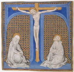 Manuscript Illumination with Crucifixion in an Initial T, from a Missal, French, ca. 1400
