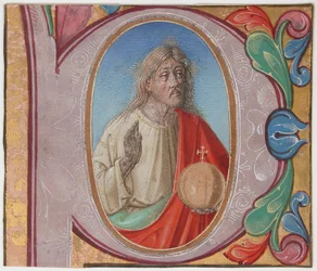 Manuscript Illumination with Salvator Mundi in an Initial P, from a Choir Book