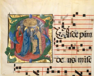 Manuscript Illumination with the Presentation in the Temple in an Initial S, from a Gradual
