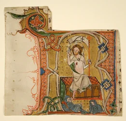 Manuscript Leaf Showing an Illuminated Initial R with The Resurrection