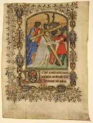 Manuscript Leaf from a Book of Hours... Illuminated Initial D and Christ Bearing the Cross, 1390-140