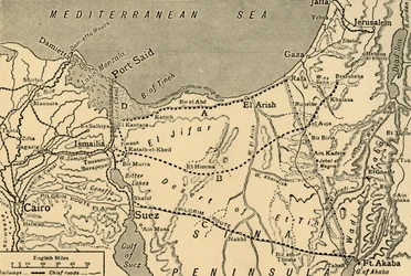 Map of the Turkish attack on the Suez Canal, Egypt, First World War
