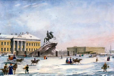 Monument of Peter the Great in the Senate Square of St Petersburg, Russia, winter