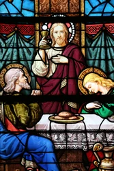 Moulins cathedral. Stained glass window: The Last Supper, Moulins, France
