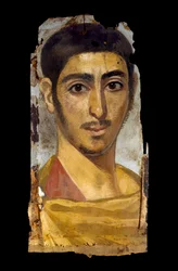 Mummy portrait in encaustic on wood panel: young man, perhaps a soldier, 193 - 235