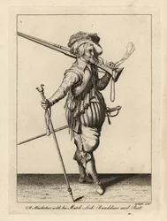 Musketeer with his matchlock, bandileers and musket rest
