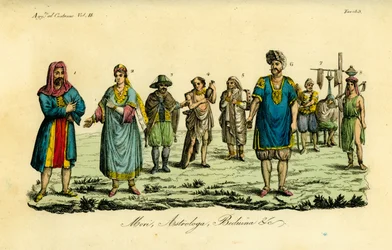 Muslim man on the Hajji to Mecca, Muslim woman, Muslim man in travel clothes, ordinary Muslim, Dervish saint, astrologer or Tagessa, muleteer, barber or Kagiem, Bedouin girl from near Beja (Beggia)
