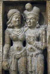 National Museum of India, Delhi. Amorous couple. Shunga. 2nd century. Amin, Haryana. Stone. Detail. India.