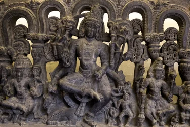 National Museum of India, Delhi. Lintel showing trinity (Brahma, Vishnu and Shiva). Kakatiya