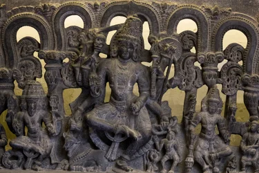National Museum of India, Delhi. Lintel showing trinity (Brahma, Vishnu and Shiva). Kakatiya
